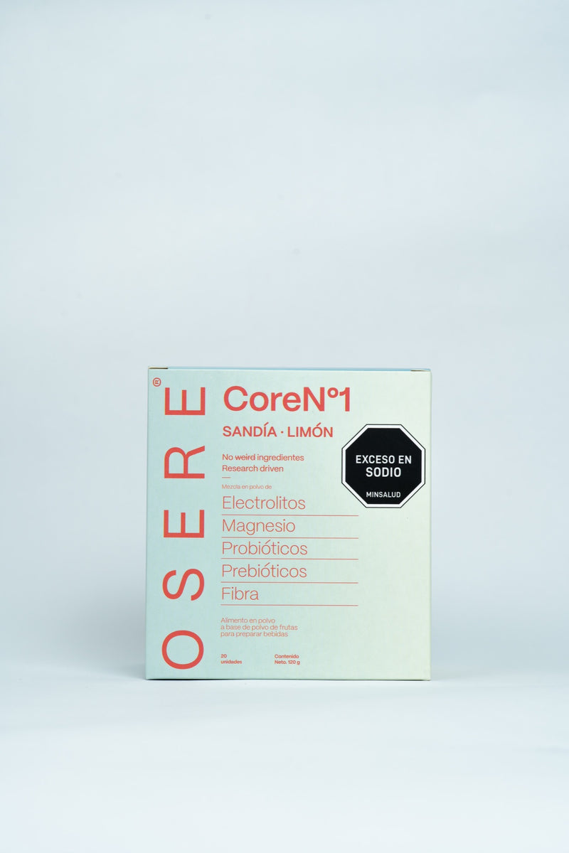 Frente de la caja de OSERE CoreN°1 sabor sandía y limón, con la lista de electrolitos, magnesio, probióticos, prebióticos y fibra